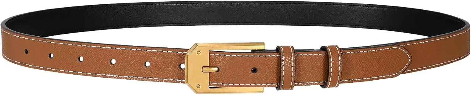 Women Skinny Belt Thin Leather Belt for Jeans Gold Buckle 1.34'' wide