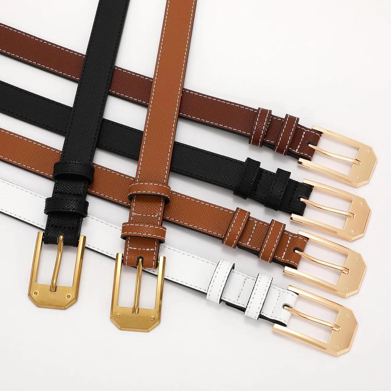 Women Skinny Belt Thin Leather Belt for Jeans Gold Buckle 1.34'' wide