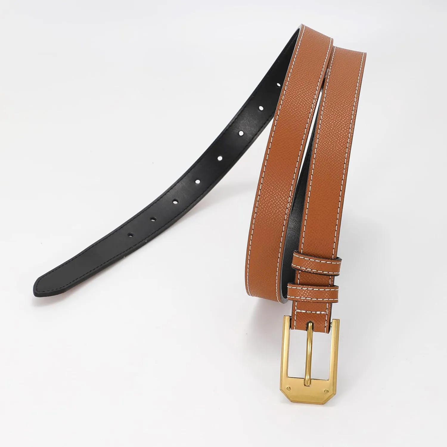 Women Skinny Belt Thin Leather Belt for Jeans Gold Buckle 1.34'' wide