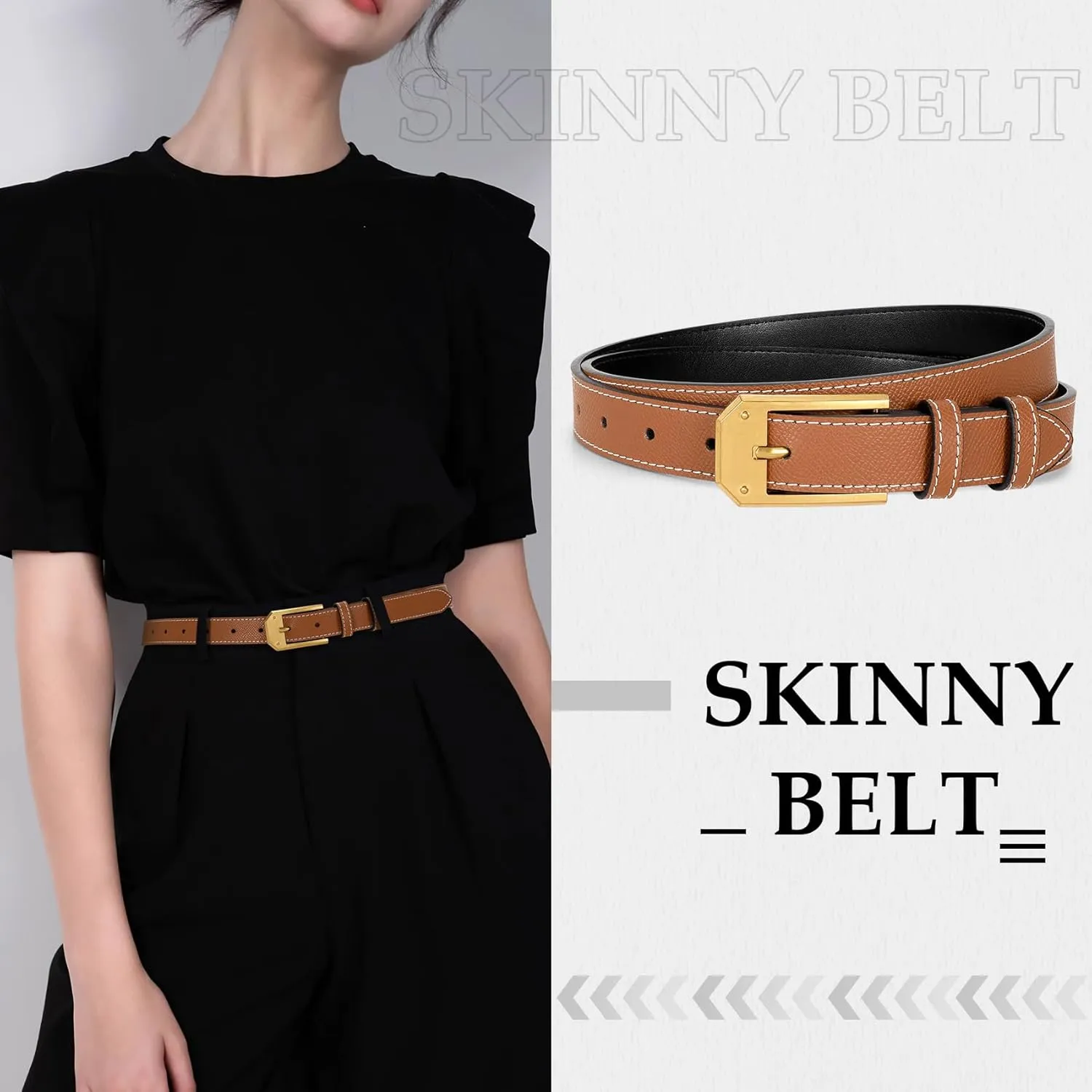 Women Skinny Belt Thin Leather Belt for Jeans Gold Buckle 1.34'' wide