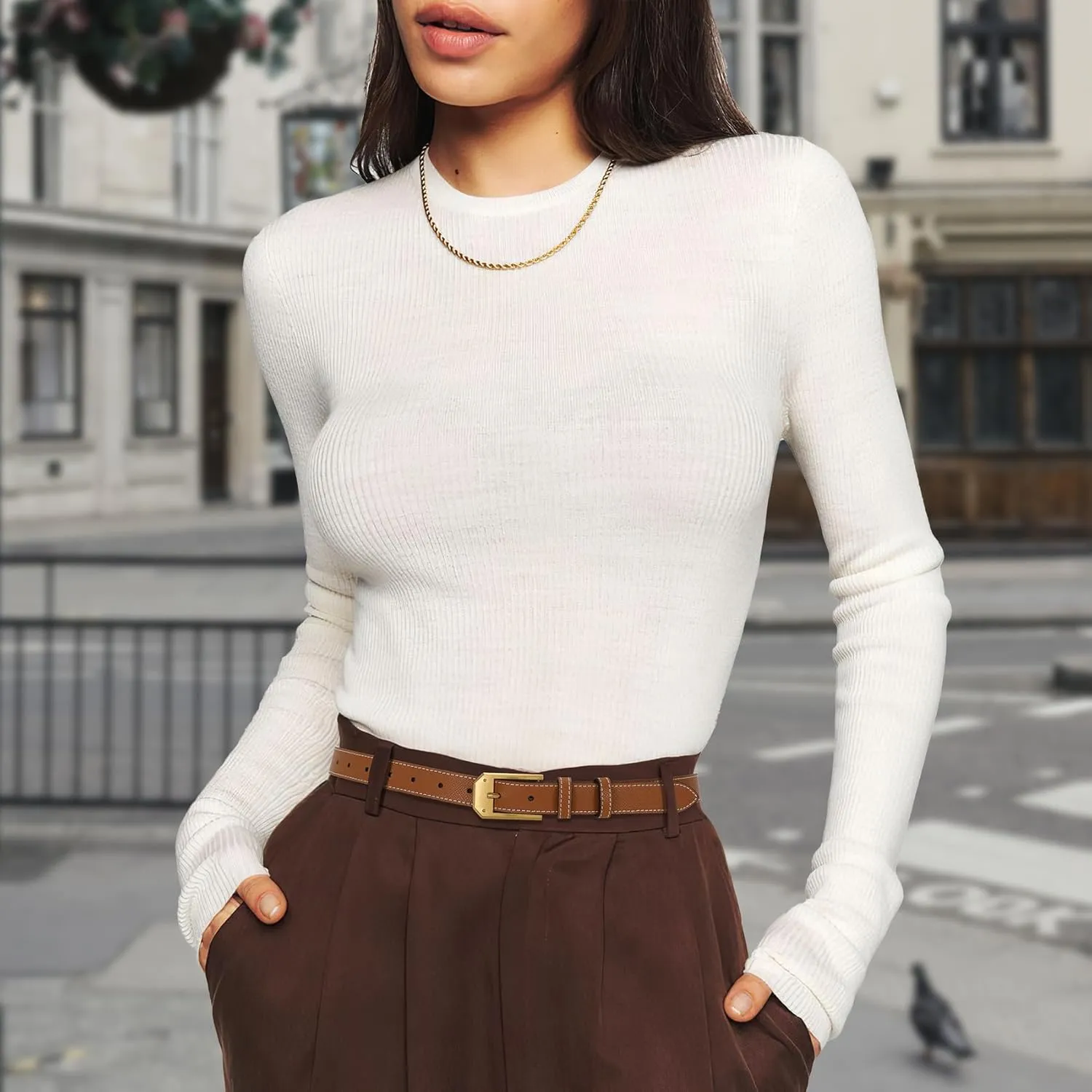 Women Skinny Belt Thin Leather Belt for Jeans Gold Buckle 1.34'' wide