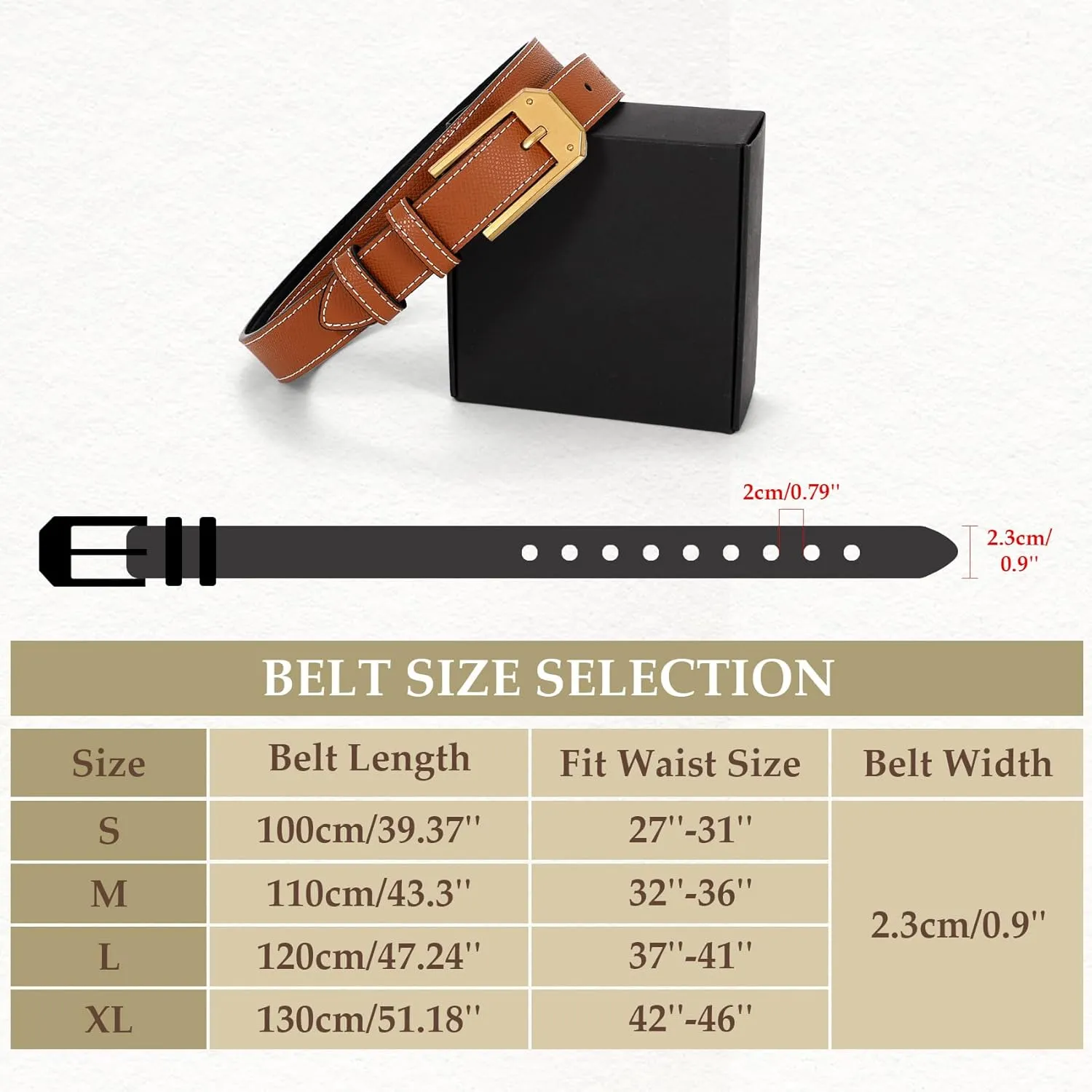 Women Skinny Belt Thin Leather Belt for Jeans Gold Buckle 1.34'' wide