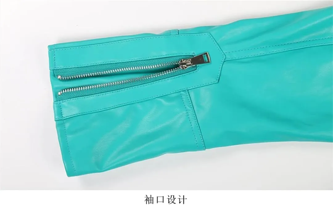 Women Spring Autumn Short Oversized Cool Chic Soft Green Pu Leather Zipper Belt Runway Moto Biker Jacket