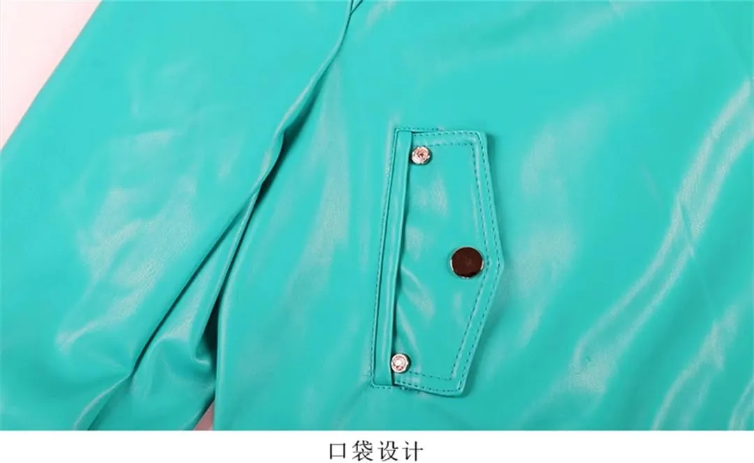 Women Spring Autumn Short Oversized Cool Chic Soft Green Pu Leather Zipper Belt Runway Moto Biker Jacket
