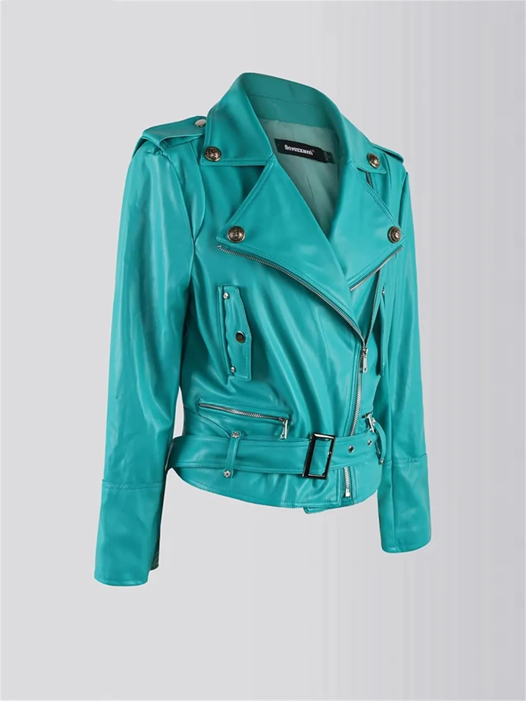 Women Spring Autumn Short Oversized Cool Chic Soft Green Pu Leather Zipper Belt Runway Moto Biker Jacket