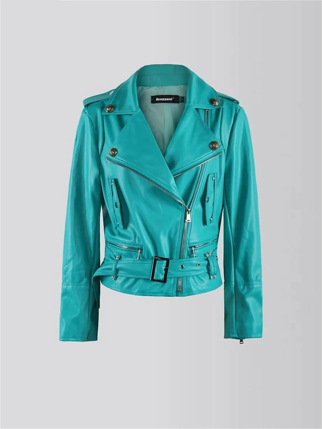 Women Spring Autumn Short Oversized Cool Chic Soft Green Pu Leather Zipper Belt Runway Moto Biker Jacket