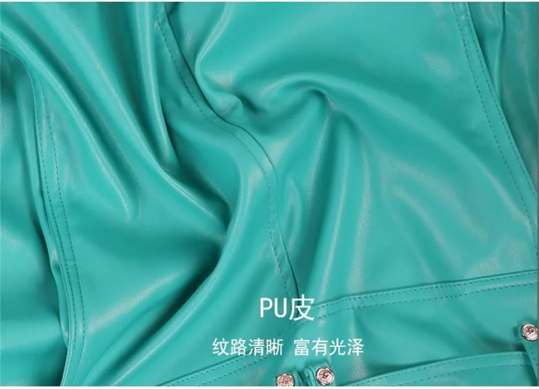 Women Spring Autumn Short Oversized Cool Chic Soft Green Pu Leather Zipper Belt Runway Moto Biker Jacket