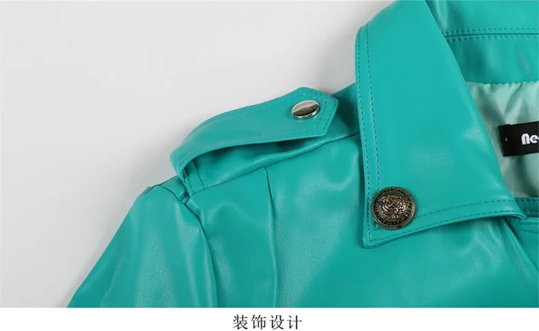 Women Spring Autumn Short Oversized Cool Chic Soft Green Pu Leather Zipper Belt Runway Moto Biker Jacket