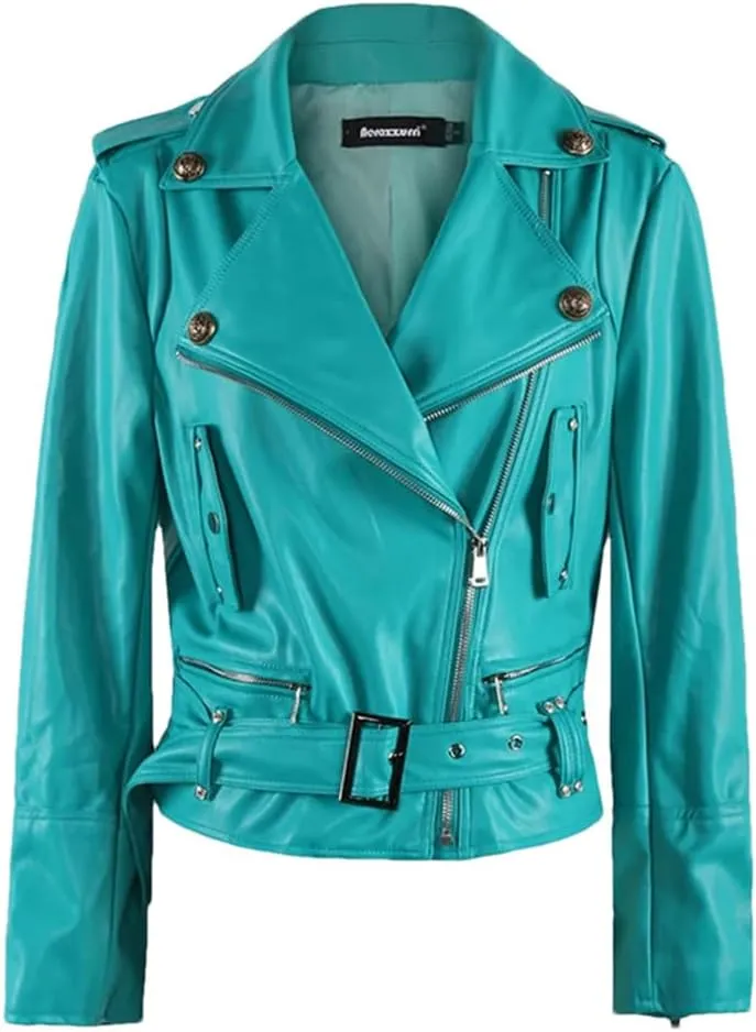 Women Spring Autumn Short Oversized Cool Chic Soft Green Pu Leather Zipper Belt Runway Moto Biker Jacket