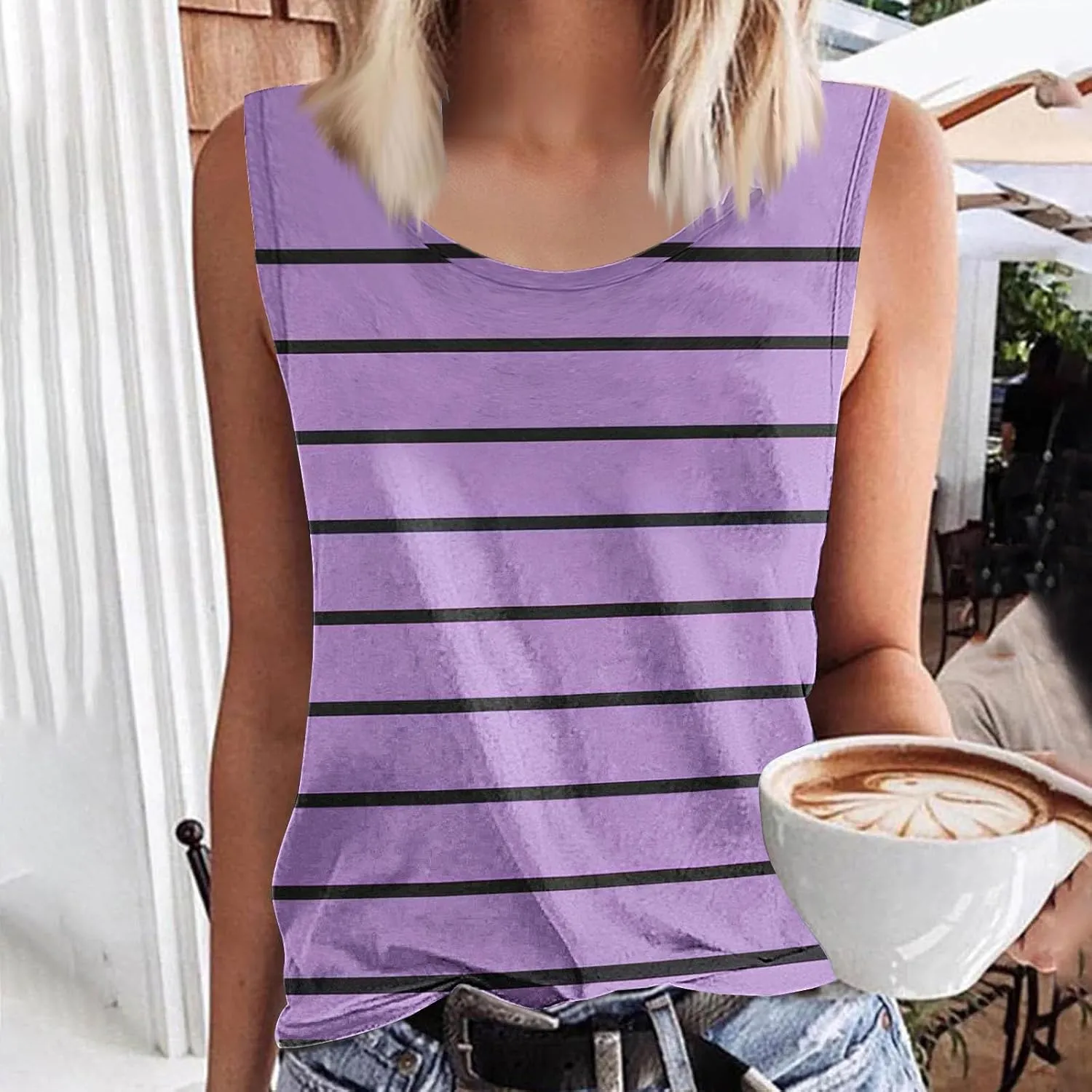 Women Striped Casual Loose Tank Tops, Summer Sleeveless Crewneck Daily Shirts Soft Breathable Going Out Trendy Clothes