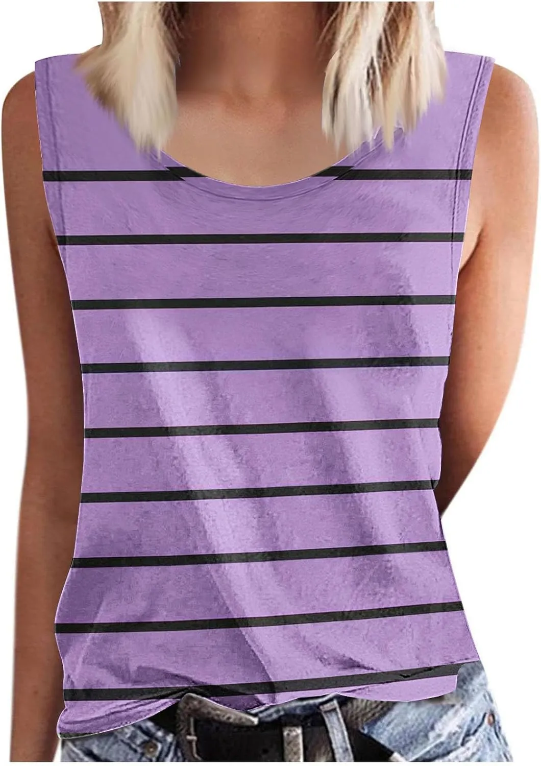 Women Striped Casual Loose Tank Tops, Summer Sleeveless Crewneck Daily Shirts Soft Breathable Going Out Trendy Clothes
