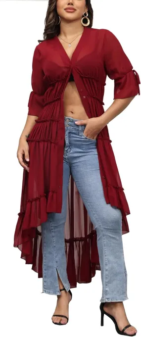 Women Summer Flowy Button Down Maxi Shirt Dress Sexy Swimsuit Beach Coverup Long Kimono Cardigan