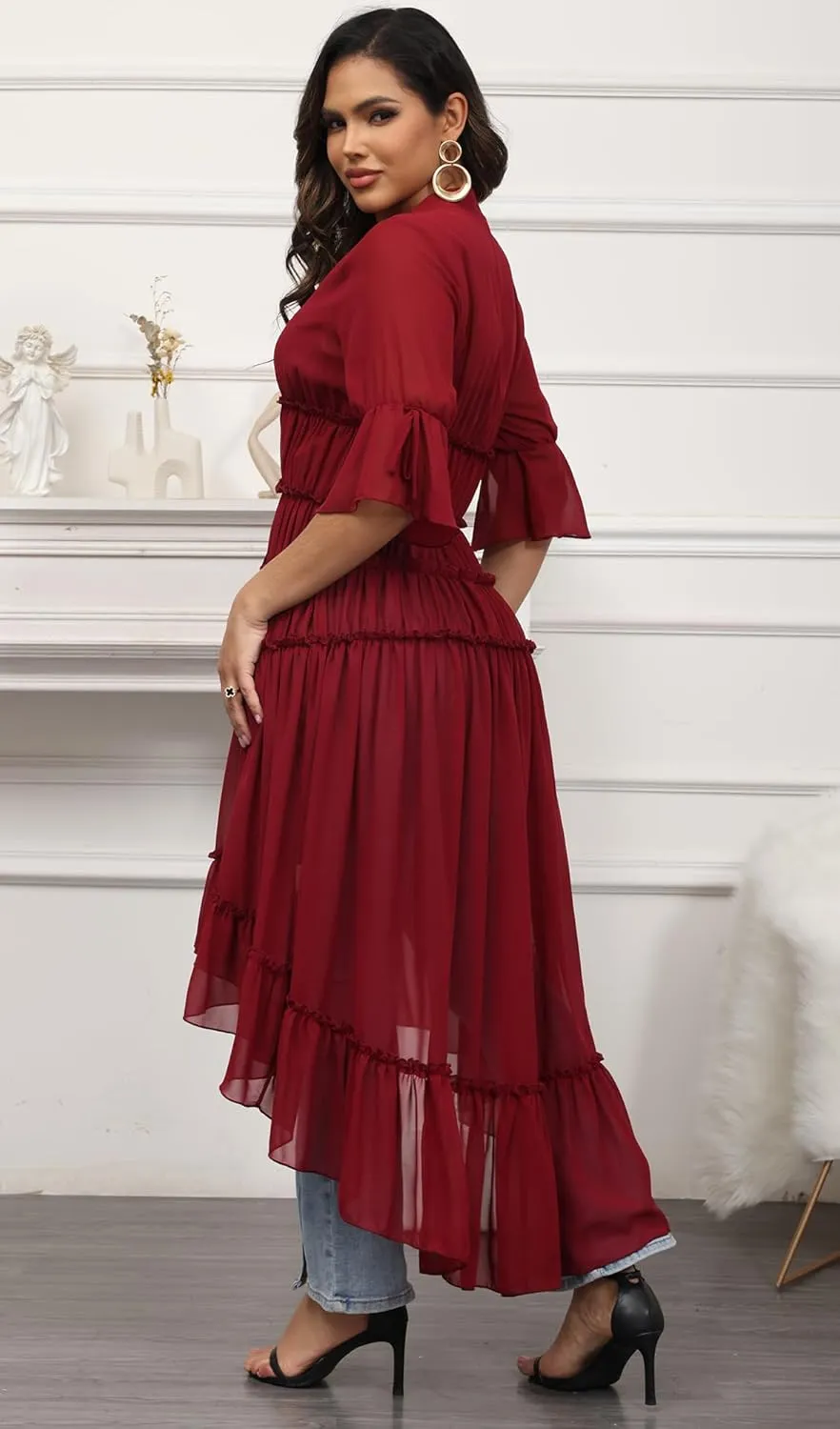 Women Summer Flowy Button Down Maxi Shirt Dress Sexy Swimsuit Beach Coverup Long Kimono Cardigan