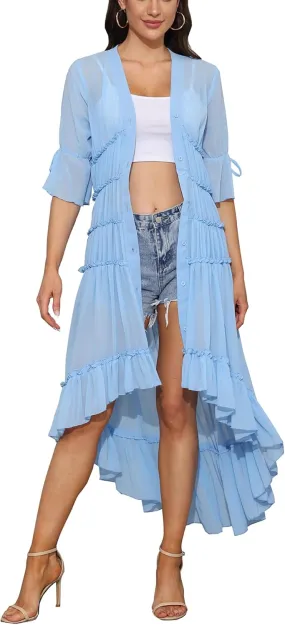 Women Summer Flowy Button Down Maxi Shirt Dress Sexy Swimsuit Beach Coverup Long Kimono Cardigan