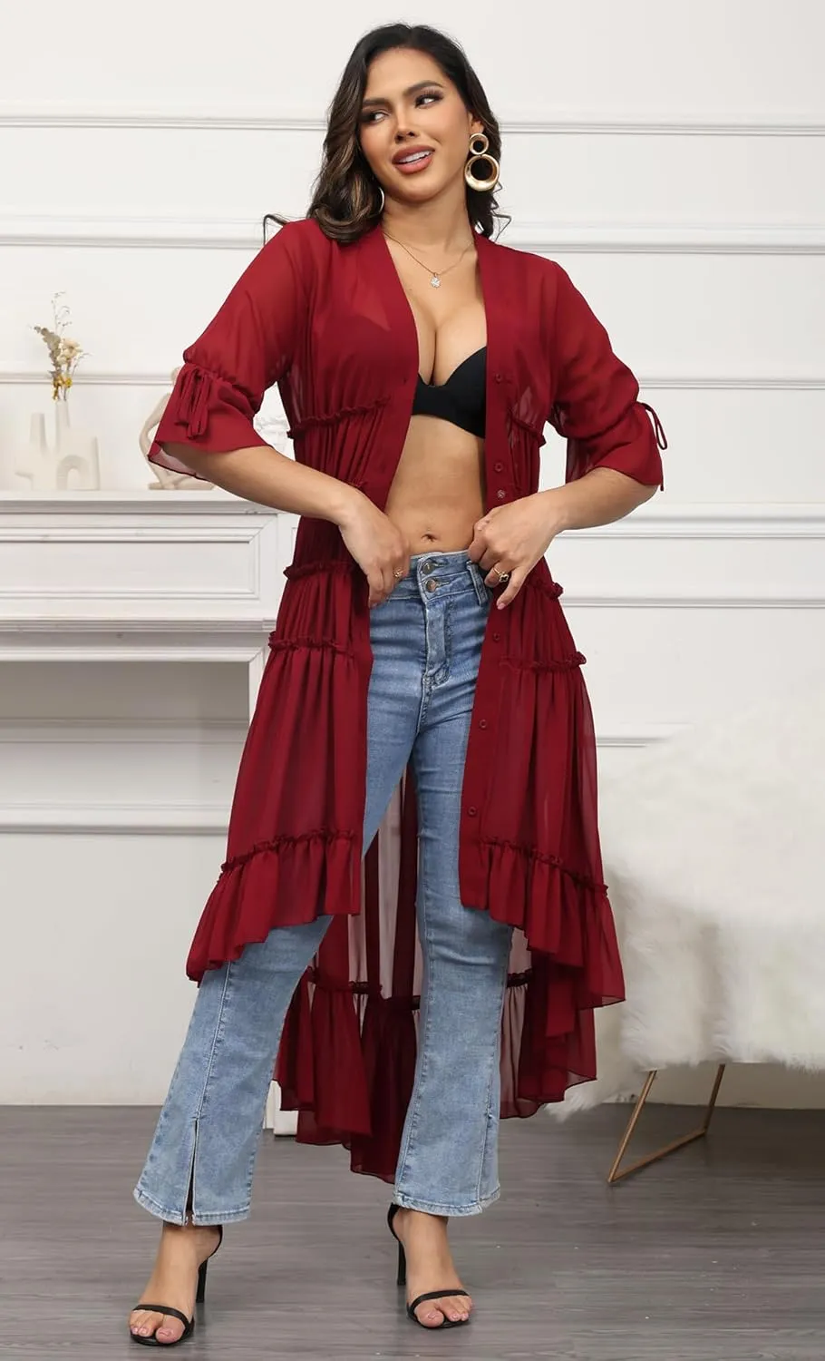 Women Summer Flowy Button Down Maxi Shirt Dress Sexy Swimsuit Beach Coverup Long Kimono Cardigan