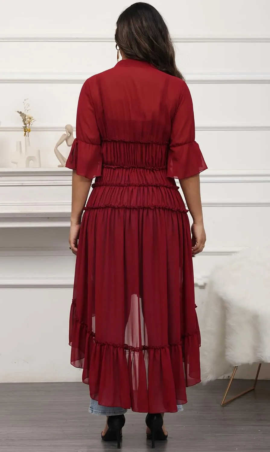 Women Summer Flowy Button Down Maxi Shirt Dress Sexy Swimsuit Beach Coverup Long Kimono Cardigan