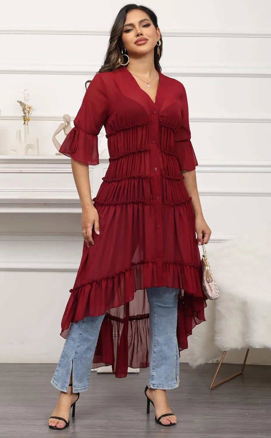 Women Summer Flowy Button Down Maxi Shirt Dress Sexy Swimsuit Beach Coverup Long Kimono Cardigan