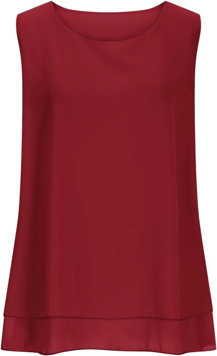 Women Summer Sleeveless Chiffon Shirts, Solid Color Loose Breathable Casual Tank Tops Fashion Ruffle Ruched Hem Clothes