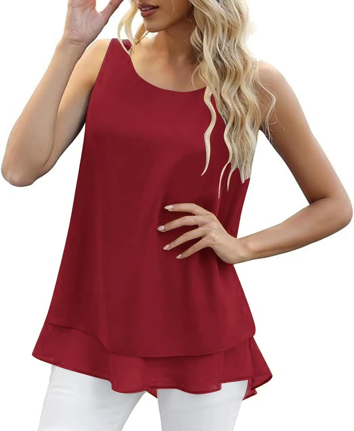 Women Summer Sleeveless Chiffon Shirts, Solid Color Loose Breathable Casual Tank Tops Fashion Ruffle Ruched Hem Clothes