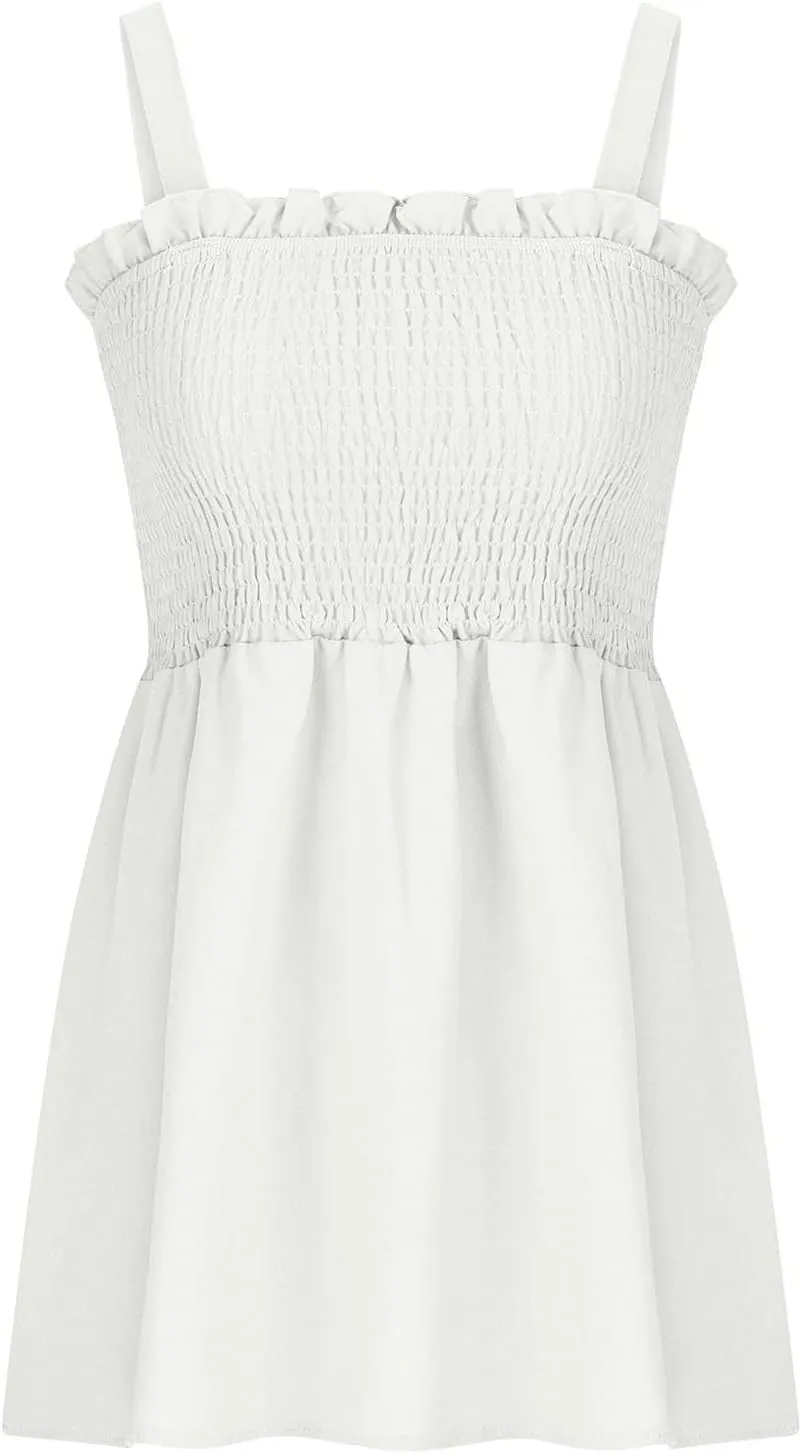 Women Summer Sleeveless Tank Top Ruched Ruffle Flowy Camisole Tummy Control Casual Longline Cami Blouse