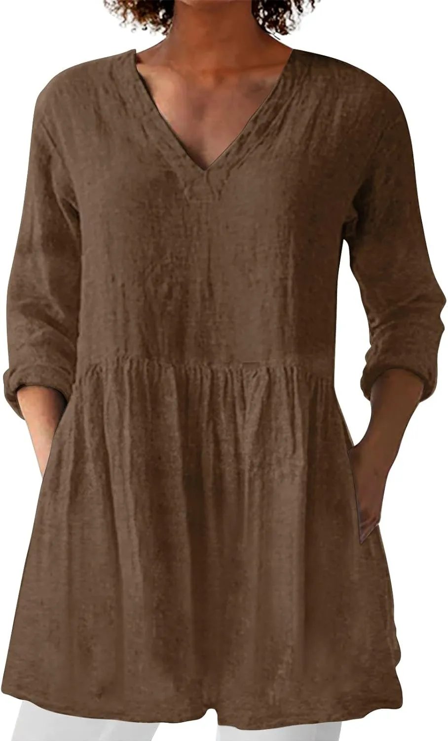 Womens Cotton Linen Peasant Blouses Long Sleeve V Neck Casual Loose Fit Tunic Tops for Leggings Flowy Babydoll Shirt