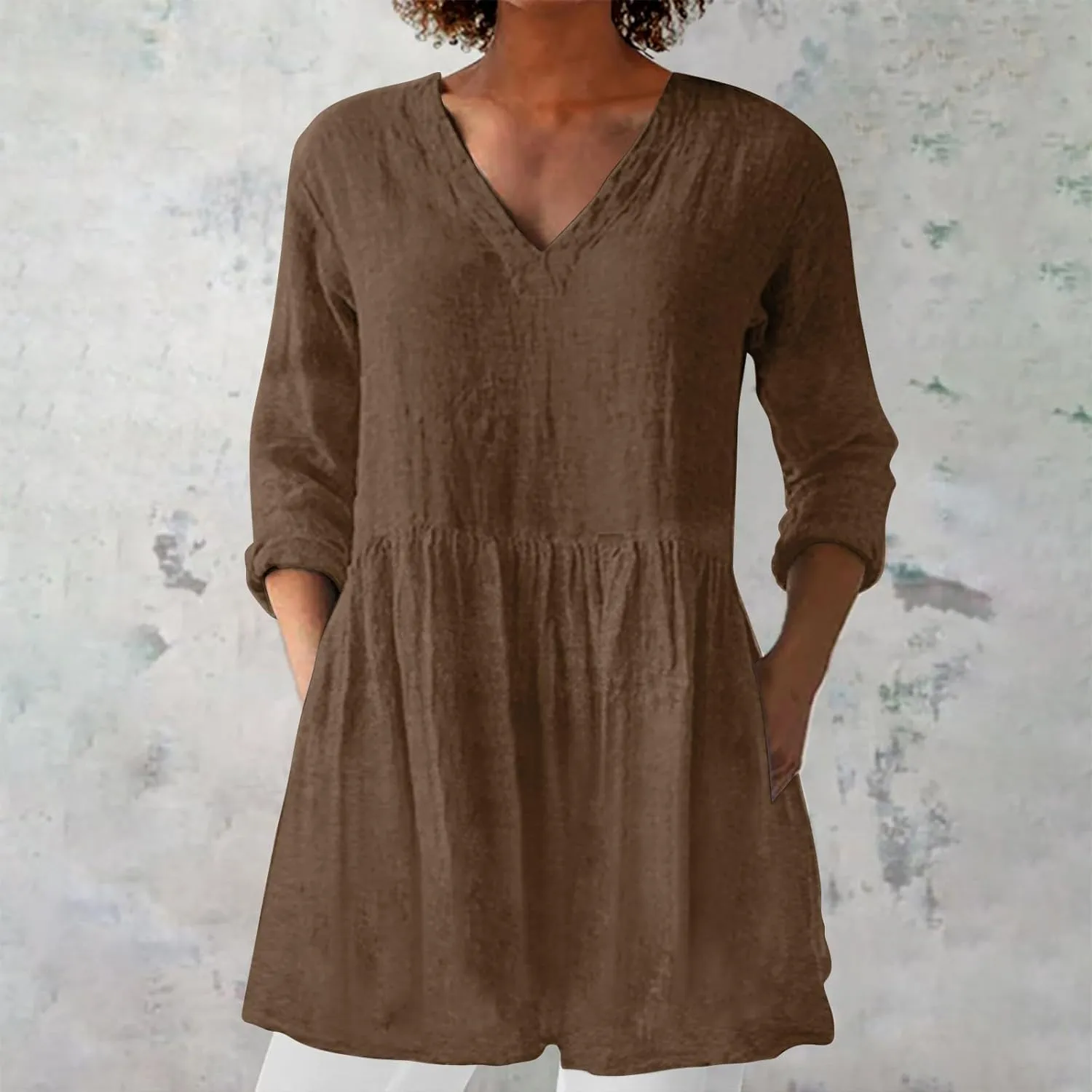 Womens Cotton Linen Peasant Blouses Long Sleeve V Neck Casual Loose Fit Tunic Tops for Leggings Flowy Babydoll Shirt