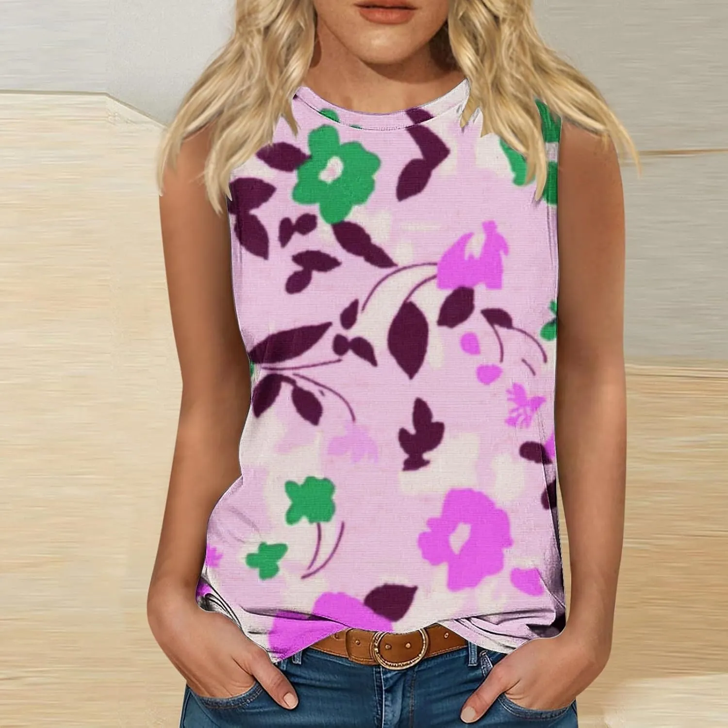 Women's Fashion Floral Print Casual Tank Tops, Summer Soft Comfy Sleeveless Shirts Loose Breathable Going Out Clothes