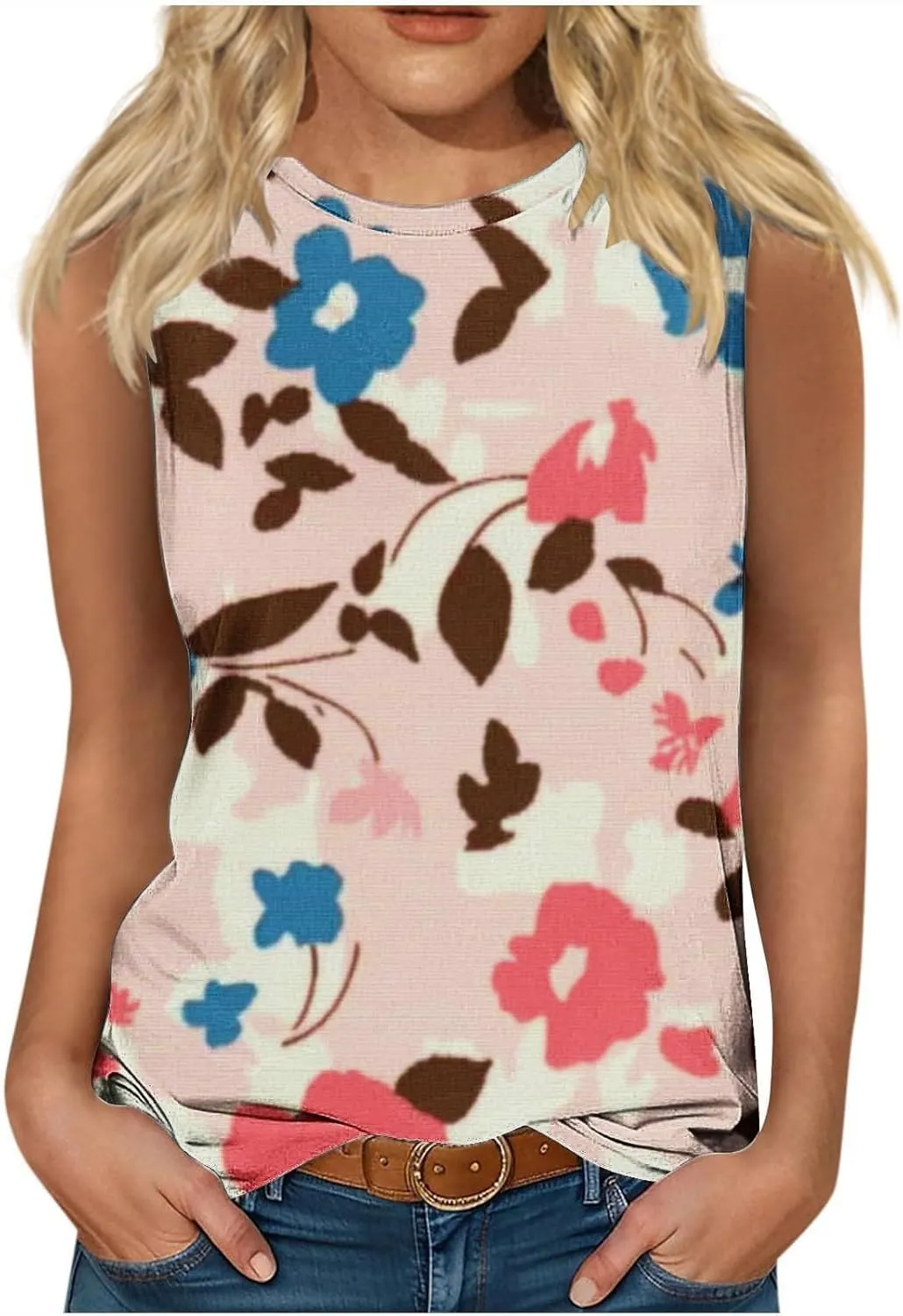 Women's Fashion Floral Print Casual Tank Tops, Summer Soft Comfy Sleeveless Shirts Loose Breathable Going Out Clothes