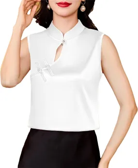 Women's Lightweight Sleeveless Satin Blouse Mandarin Collar Tank Top with Hollow Breathable Summer Camisole