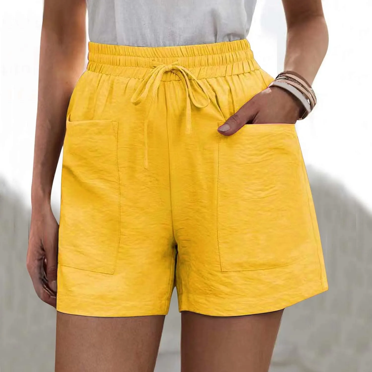 Womens Linen Shorts Summer Casual High Waisted Drawstring Elastic Shorts Cotton Wide Leg Summer Casual Shorts with Pockets