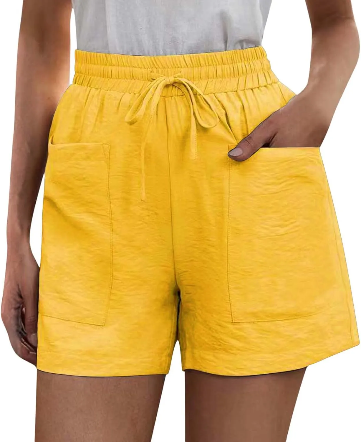 Womens Linen Shorts Summer Casual High Waisted Drawstring Elastic Shorts Cotton Wide Leg Summer Casual Shorts with Pockets