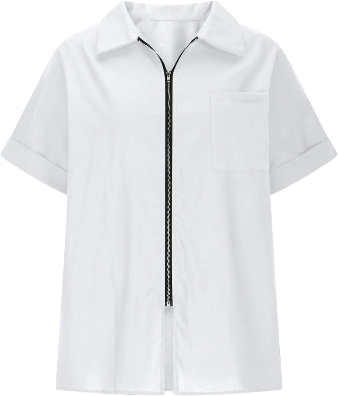 Women's Linen Summer Shirts Zip Up Dressy Casual Tops Collared V Neck Short Sleeve Blouses Trendy Tshirts for Work
