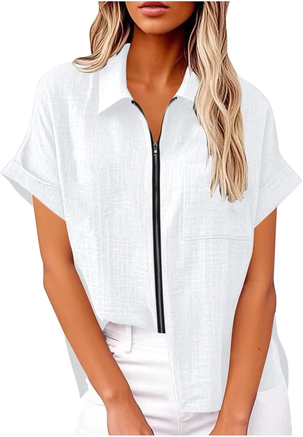 Women's Linen Summer Shirts Zip Up Dressy Casual Tops Collared V Neck Short Sleeve Blouses Trendy Tshirts for Work