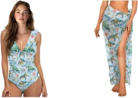 Womens One Piece Bathing Suits with Sarong Coverups Sheer Bikini Cover up Lace Up Swimsuits High Waist Swimwear
