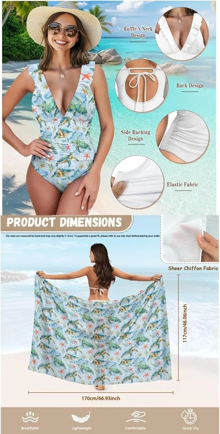 Womens One Piece Bathing Suits with Sarong Coverups Sheer Bikini Cover up Lace Up Swimsuits High Waist Swimwear