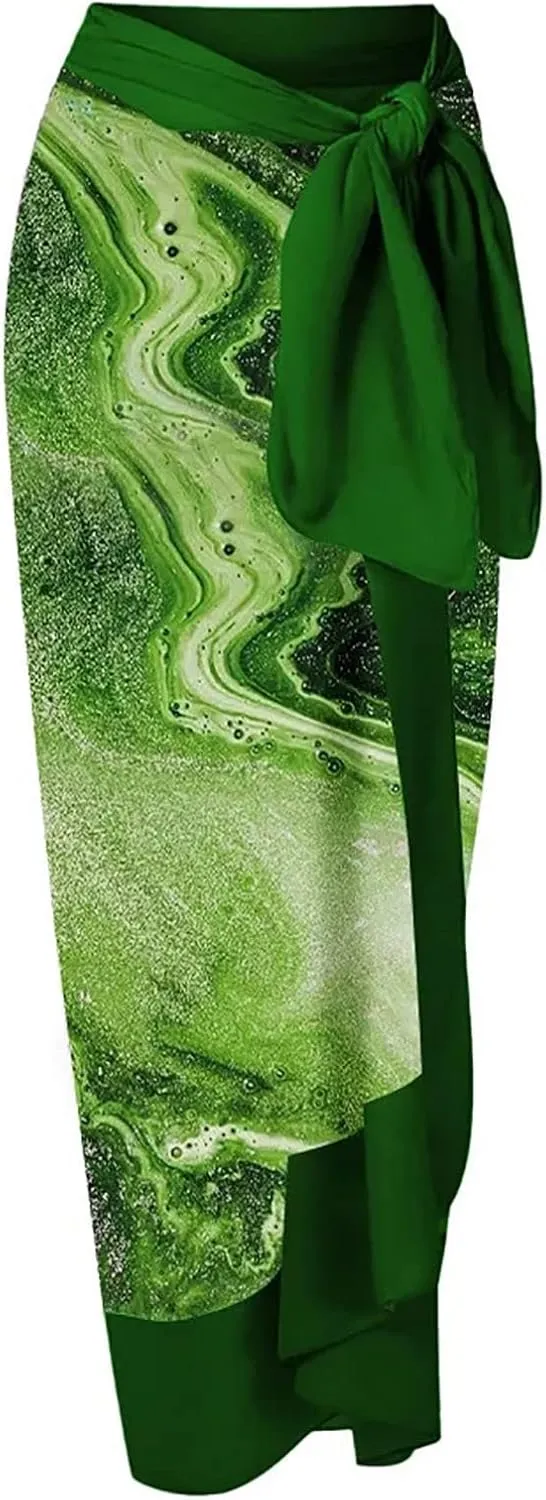 Womens One-Piece Swimsuit Print Chiffon Cover Up Beach Sarong Swimwear Beachwear Retro Wrap Maxi Skirt Bathing Suit