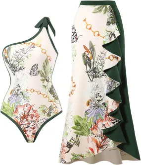 Womens One Piece Swimsuit with Beach Cover Up Wrap Skirt Sarong Retro Floral Print Bikini Set Two Piece Bathing Suit