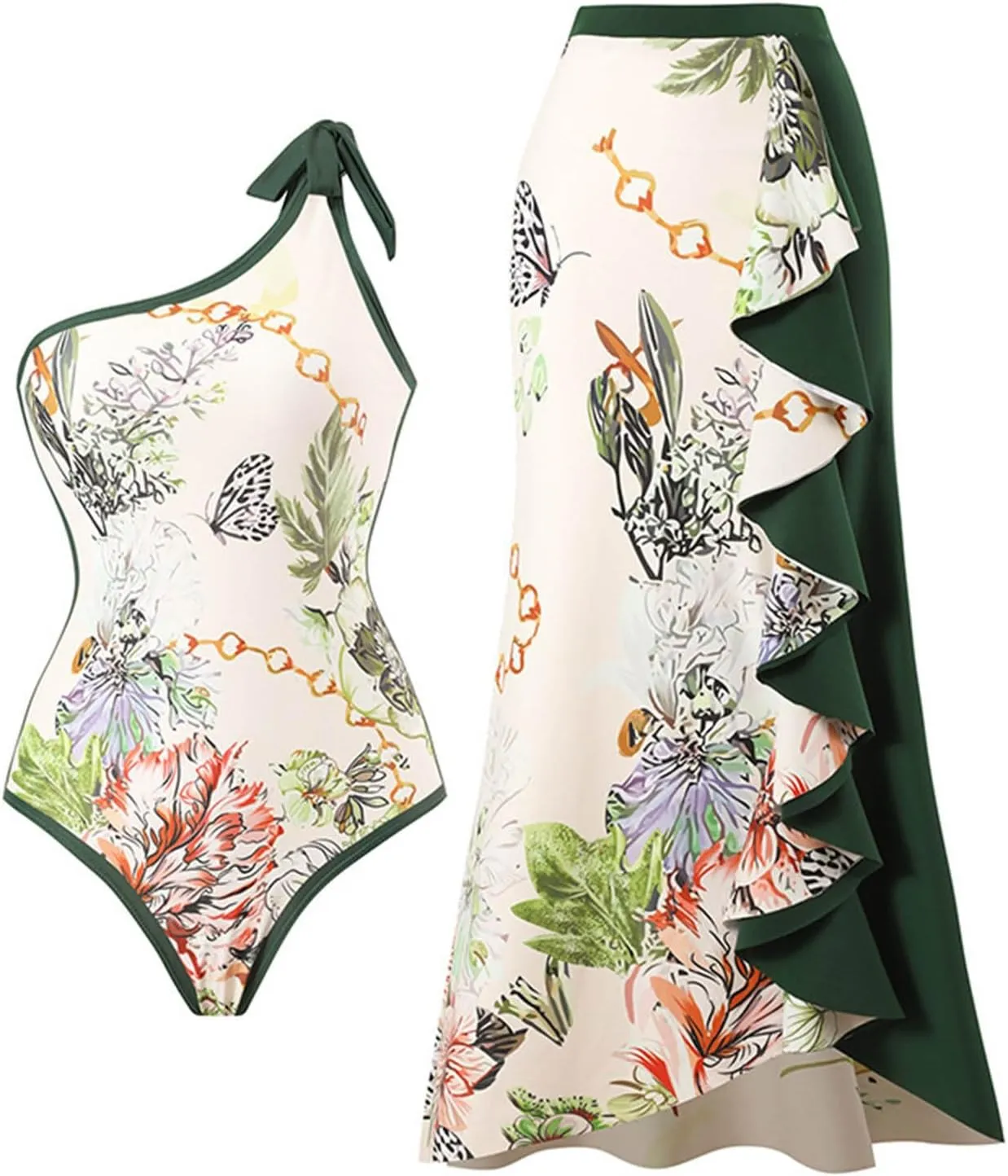 Womens One Piece Swimsuit with Beach Cover Up Wrap Skirt Sarong Retro Floral Print Bikini Set Two Piece Bathing Suit