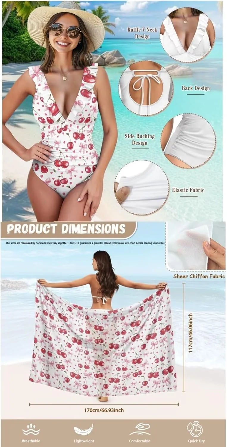 Womens One Piece Swimsuits with Sarong Coverups Ruffled Deep V Neck Bathing Suits with Bikini Cover up Beach Skirt