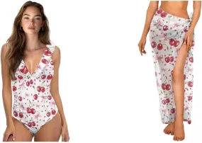 Womens One Piece Swimsuits with Sarong Coverups Ruffled Deep V Neck Bathing Suits with Bikini Cover up Beach Skirt