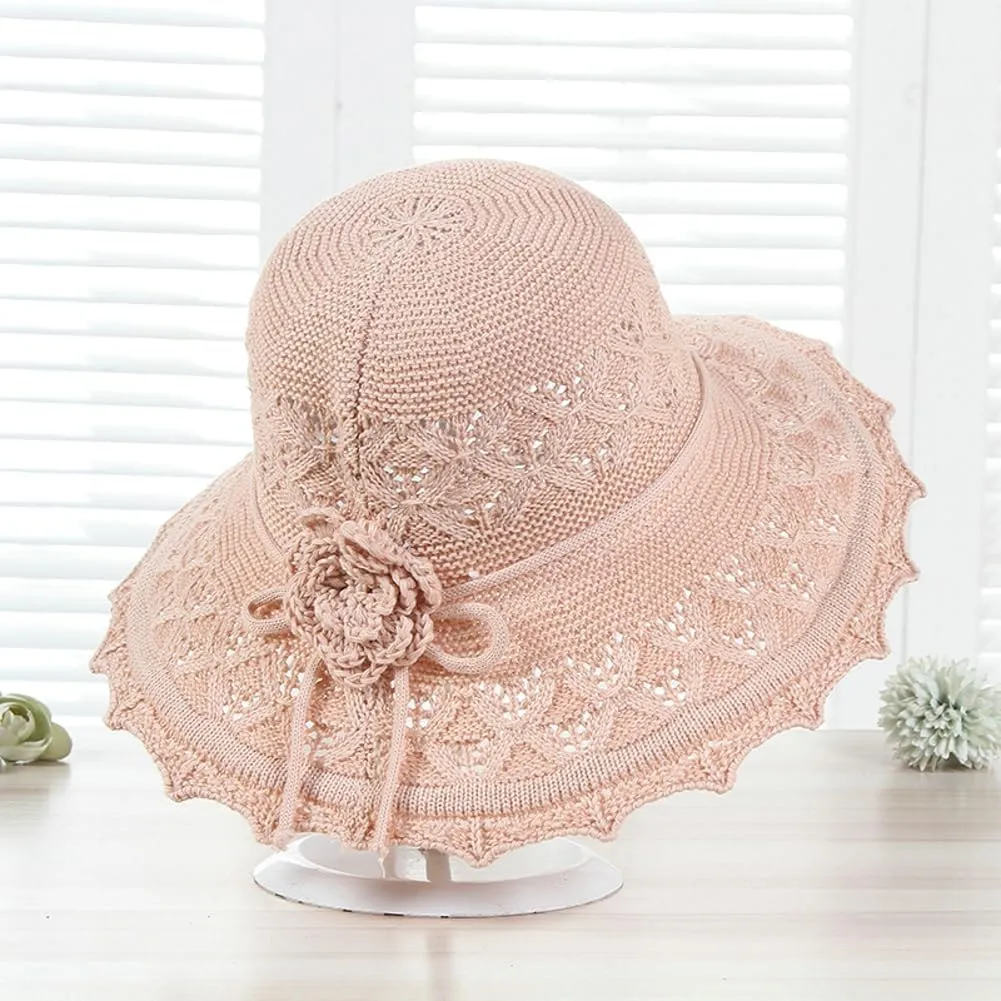Womens Ruffled Flowers Summer Beach Hat Wide Brim Knitted Sun Hats Foldable Floppy Summer Cap for Travel Decoration