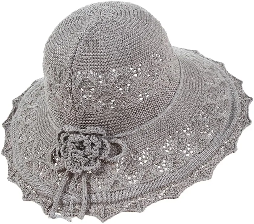 Womens Ruffled Flowers Summer Beach Hat Wide Brim Knitted Sun Hats Foldable Floppy Summer Cap for Travel Decoration
