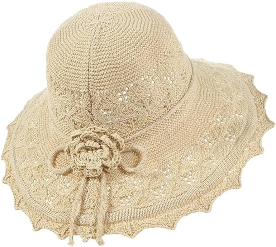 Womens Ruffled Flowers Summer Beach Hat Wide Brim Knitted Sun Hats Foldable Floppy Summer Cap for Travel Decoration