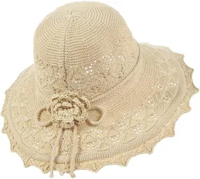 Womens Ruffled Flowers Summer Beach Hat Wide Brim Knitted Sun Hats Foldable Floppy Summer Cap for Travel Decoration