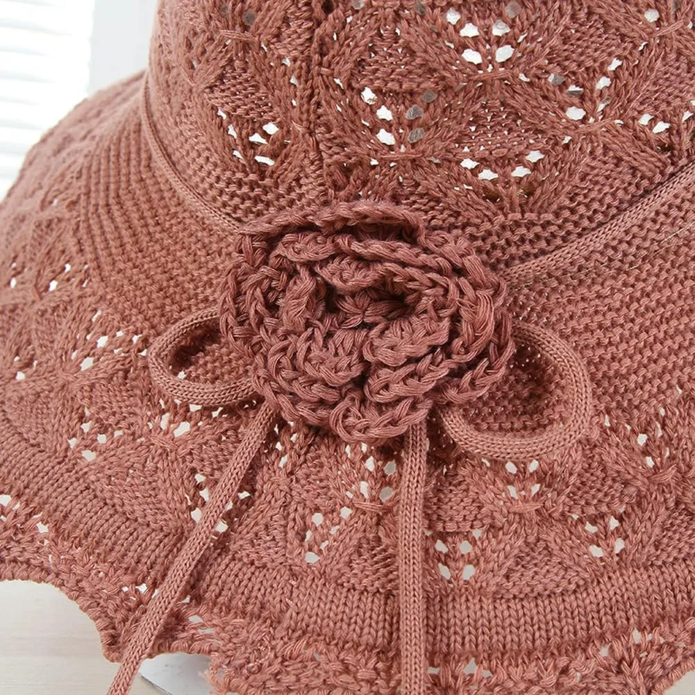 Womens Ruffled Flowers Summer Beach Hat Wide Brim Knitted Sun Hats Foldable Floppy Summer Cap for Travel Decoration