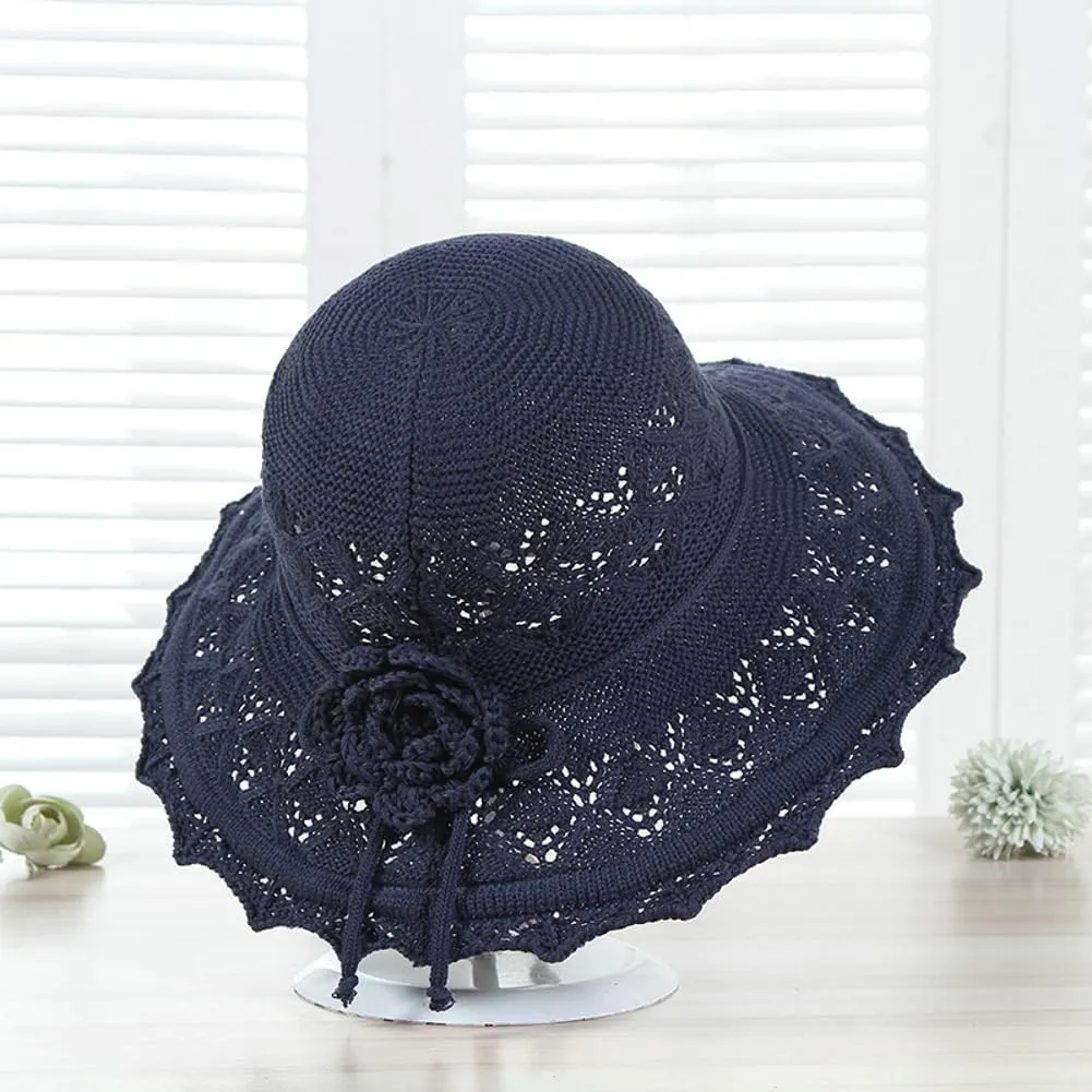 Womens Ruffled Flowers Summer Beach Hat Wide Brim Knitted Sun Hats Foldable Floppy Summer Cap for Travel Decoration