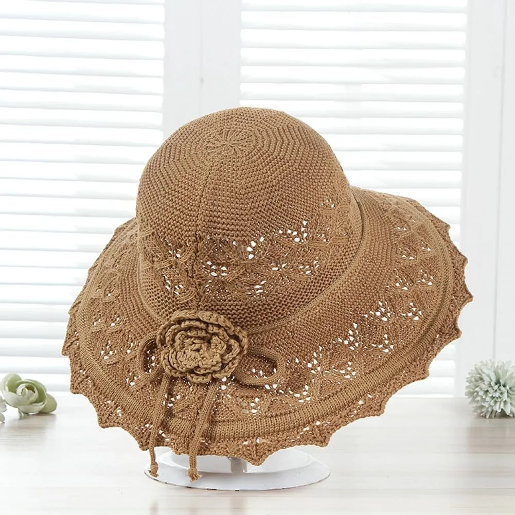 Womens Ruffled Flowers Summer Beach Hat Wide Brim Knitted Sun Hats Foldable Floppy Summer Cap for Travel Decoration