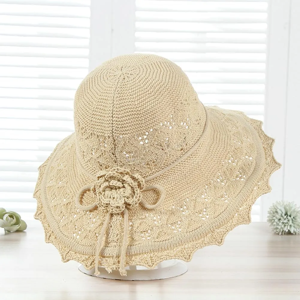 Womens Ruffled Flowers Summer Beach Hat Wide Brim Knitted Sun Hats Foldable Floppy Summer Cap for Travel Decoration