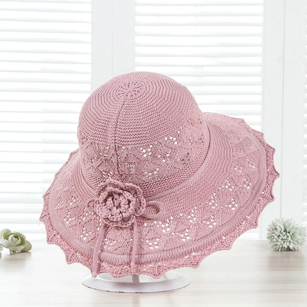 Womens Ruffled Flowers Summer Beach Hat Wide Brim Knitted Sun Hats Foldable Floppy Summer Cap for Travel Decoration