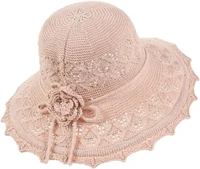 Womens Ruffled Flowers Summer Beach Hat Wide Brim Knitted Sun Hats Foldable Floppy Summer Cap for Travel Decoration